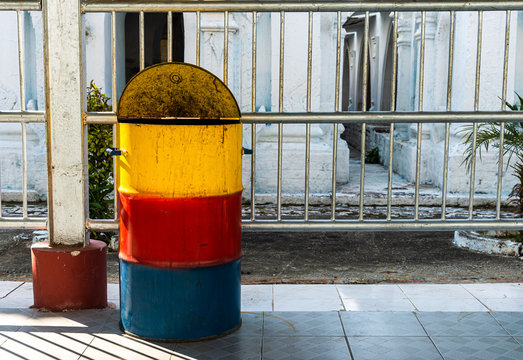 Red, Blue And Yellow Garbage Metal Bin With Open Lid , Environment Concept