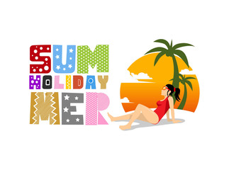 flat illustration summer holiday on beach with palm trees motorcycle, picnic car and blue water