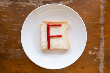 bread of breakfast is written F by ketchup on write plate. A to Z and Number and Special characters set.