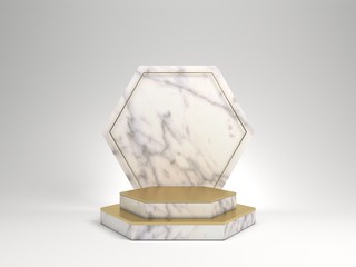 3d rendering of white marble pedestal isolated on white background, hexagon gold frame, memorial board, hexagon steps, abstract minimal concept, blank space, clean design, luxury minimalist mockup
