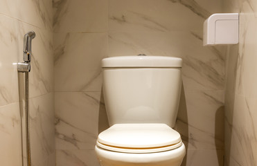 White Western toilet with marble wall in modern bathroom 