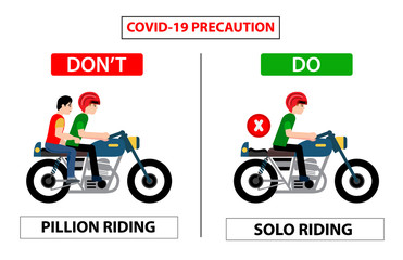 Do and don't poster for covid 19 corona virus. Safety instruction for office employees and staff. Vector illustration of bike driving with pillion riding or solo riding Do and don't poster for covid.
