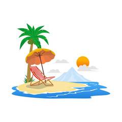 Fototapeta na wymiar flat illustration summer holiday on beach with palm trees motorcycle, picnic car and blue water