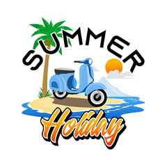 flat illustration summer holiday on beach with palm trees motorcycle, picnic car and blue water