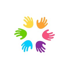 family hand logo, kindergarten teamwork colorful abstract hand team icon color print vector illustration logo playful and fun community