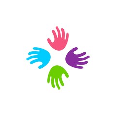 family hand logo, kindergarten teamwork colorful abstract hand team icon color print vector illustration logo playful and fun community