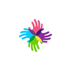 family hand logo, kindergarten teamwork colorful abstract hand team icon color print vector illustration logo playful and fun community