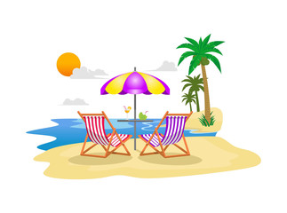 flat illustration summer holiday on beach with palm trees chairs, blue water and sunlight