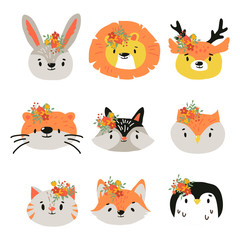 Obraz premium Cute Animals Heads with Flower Crown Vector Set