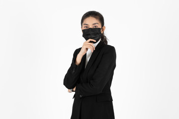 Portrait young Asian business woman in suit wearing face mask on white isolated background. Coronavirus flu virus , Covid 19 , Air pollution pm2.5 concept.