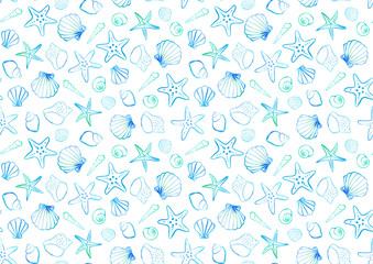 Background illustration of shellfish and starfish painted in watercolor