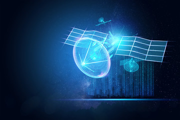 Hologram information satellite, telecommunications. Globalization, network, fast Internet, new technologies in communication. Copy space 3D rendering 3D illustration.