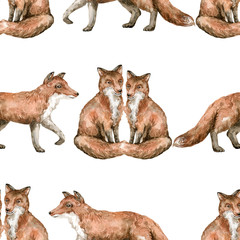 Watercolor seamless pattern with cute fox. Hand painted realistic illustration isolated on white background. Background with wild woodland animal for textile, wrapping, covers, decoration.