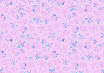 Background illustration of shellfish and starfish painted in watercolor