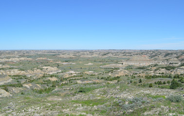 Fototapeta na wymiar Late Spring in the North Dakota Badlands: Looking Northeast over Painted Canyon in the South Unit of Theodore Roosevelt National Park