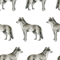 Watercolor seamless pattern with grey wolf. Background with wild woodland animal for textile, wrapping, covers, decoration.