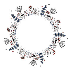 Botanical wreath. Cute flowers, leaves and branches, round frame. Design elements for logo, cards, wedding invitations, fabric and textile. White isolated background, print. Graphic lines, sketch.