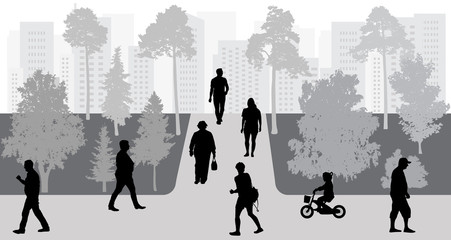 People in move in park, urban life, silhouettes. Vector illustration.
