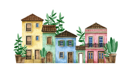 Watercolor hand-drawn Portugal street with rural houses. Cute suburban old European houses. Brick walls, tile roof, wooden doors, arch. Colorful cozy rural home, plants in pots - 342986573