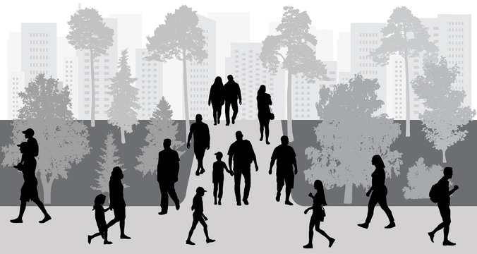 City life. People walking in park, silhouettes. Vector illustration.