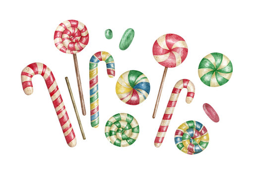 Watercolor set with candy and lollipops. Colorful festive sweet food and confetti. Tasty food for decor, scrapbooking, kitchen stuff, invitation.