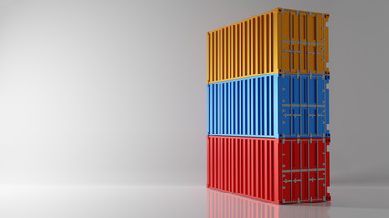 Three color Intermodal container stack on white background. Industry shipping container storage cargo in warehouse shipyard dock. Import and export concept. Studio shot. 3D illustration rendering