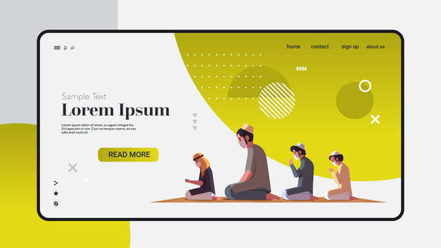 religious muslim men in masks praying ramadan kareem holy month religion coronavirus pandemic quarantine concept full length copy space horizontal vector illustration