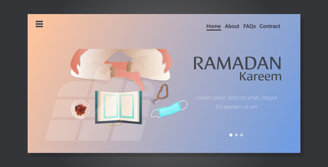 religious muslim character praying ramadan kareem holy month religion concept horizontal copy space vector illustration