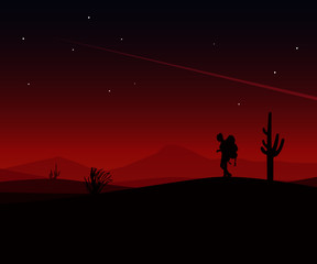 landscape vector art silhouette of a Traveler man in the desert