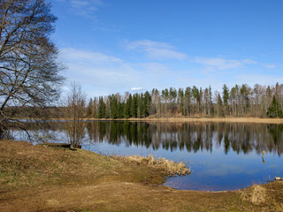 early spring landscape, forest in the background, lake in the foreground
