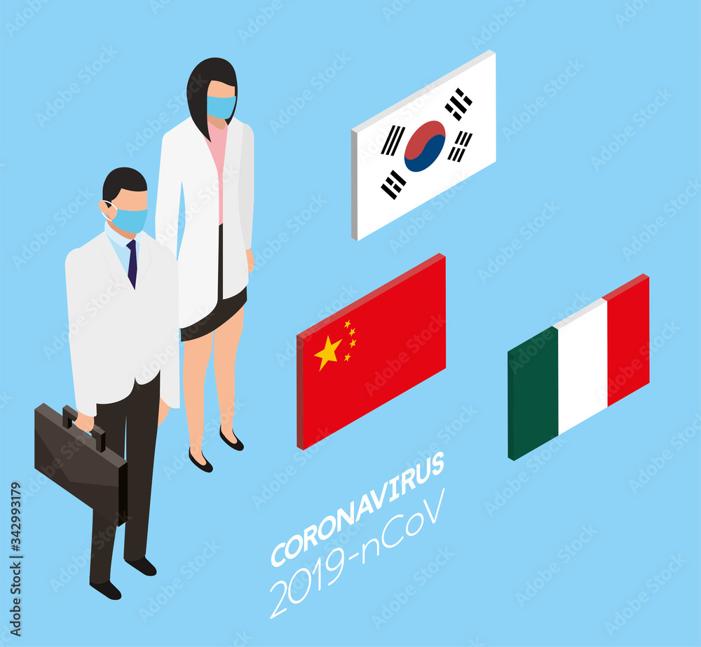 Wall mural professional doctors using face masks with country flags