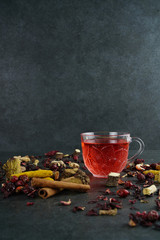 Winter tea on dark background