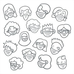 set of people head with mask vector illustration