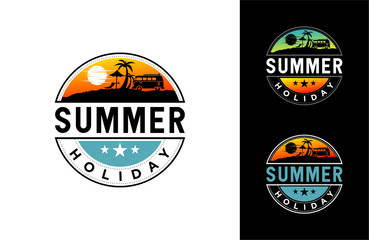 summer holiday logo with sunset and chair, palm trees on the beach