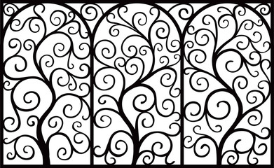 Fototapeta na wymiar Forged grating floral decor. Floral decor. The stems of the tree are twisted in a fancy ornament. Vector hand drawing