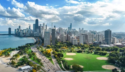 Rolgordijnen Chicago skyline aerial drone view from above, lake Michigan and city of Chicago downtown skyscrapers cityscape bird's view from park, Illinois, USA  © Iuliia Sokolovska