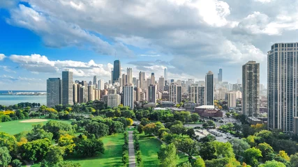 Chicago skyline aerial drone view from above, lake Michigan and city of Chicago downtown skyscrapers cityscape bird's view from park, Illinois, USA 
