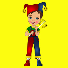 emoticon with smiling circus harlequin with two colored cape or hat with two tips and spherical bells that has rosy cheeks drawn with theatrical makeup, vector emoji in color