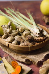 Healthy choice : preparation for make healthy drink with ginger, turmeric, lemongrass, and lemon. 
