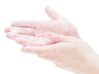 Soap hands close-up on a white background. Step-by-step instructions for hand washing. Protection measures against the virus and coronavirus in the pandemic and epidemic of flu and colds