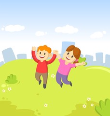 Happy young boy and girl cartoon characters jumping for joy with their hands in the air on city and blue sky background.