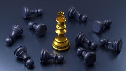 Golden chess business concept, leader & success, Leader out standing. 3D rendering
