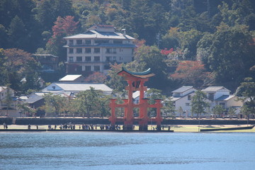 Looking at Miyajima island from the ferry. Floating red giant Grand O-Torii gate stands in bay beach at low tide on sunny day, Hiroshima City, Hiroshima Prefecture, Japan. 厳島神社