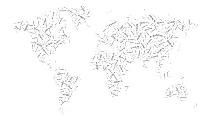 abstract text illustration of world map consisting of the word covid-19 coronavirus