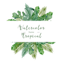 Watercolor jungle frame with tropical palm leaves. Hand drawn illustration exotic green leaf with background. Square horizontal banner