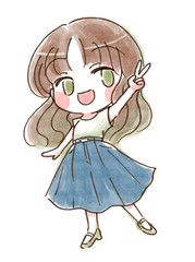 夏らしいワイドデニムパンツの子