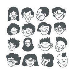 set of people head with mask vector illustration