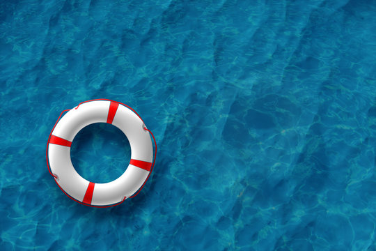 Orange Lifebuoy on the water. The concept of help, rescue, drowning, storm. Copy space. 3D illustration, 3D rendering.
