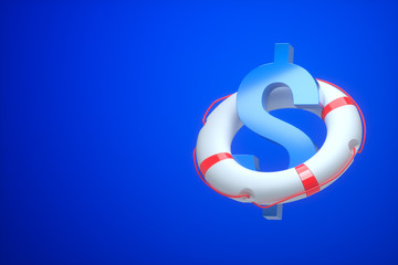 Dollar sign inside a life buoy. Concept economy, crisis, finance, business, help. Copy space 3D illustration 3D rendering.