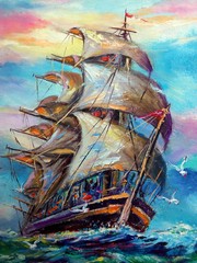 art  oil painting   sailboat , barque in sea from thailand ,   junk boat , Lucky trade  - obrazy, fototapety, plakaty